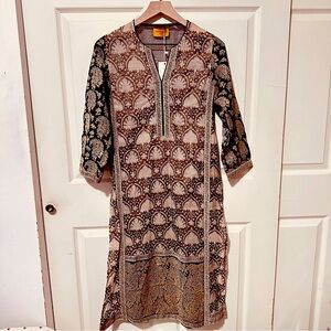 Sana Safinaz | Top | Beige, Black with Gold Block Printed Kurta